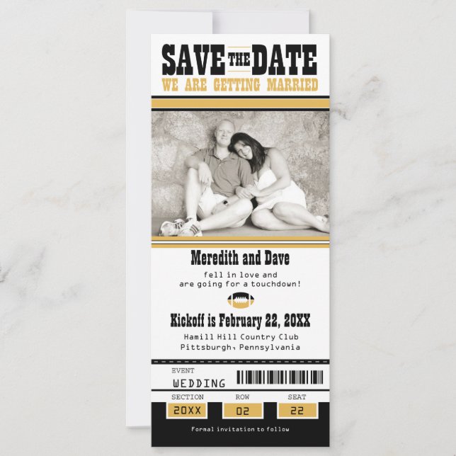 Save The Date Black Gold Football Billet mariage Enregistrer la  (Devant)