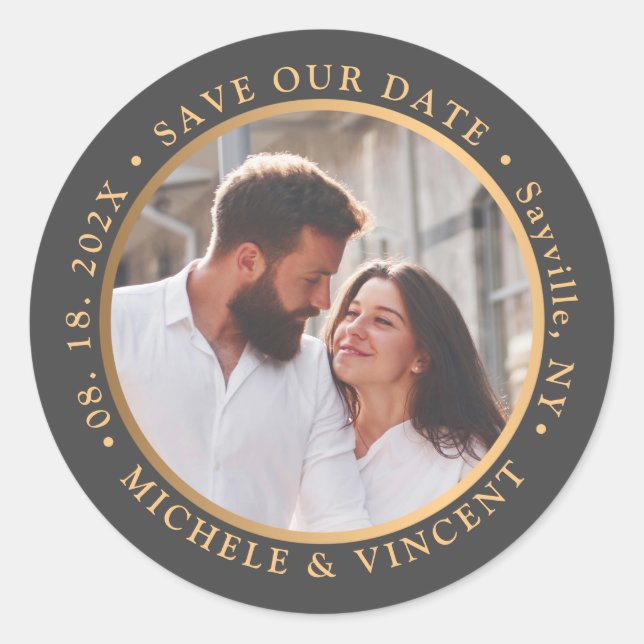 Save the Date Black Gold Foto Runder Aufkleber (Vorderseite)