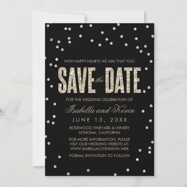 Save The Date Black & Gold Parties scintillant Look Confetti Enr (Devant)