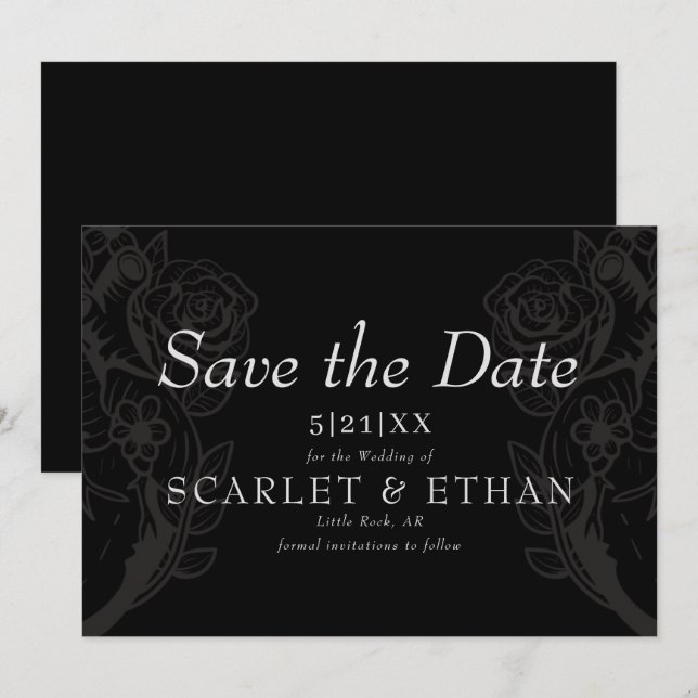 Save The Date Black Gothique Floral Heart Mariage moderne (Devant / Derrière)