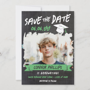 Save The Date Black Green Cool Chalk Photo Graduation