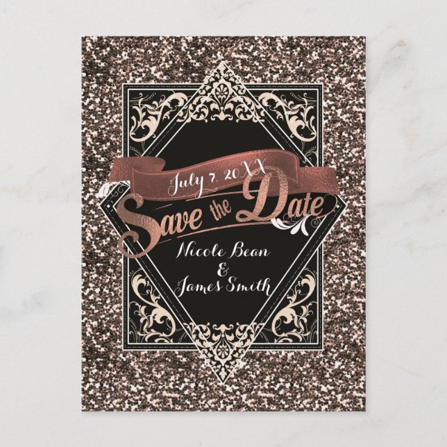 Save the Date Black & Imitats Gold Glitzer Verlobu Postkarte (Vorderseite)