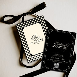 Save The Date Black & Ivory Checkered Old Money QR Code Wedding