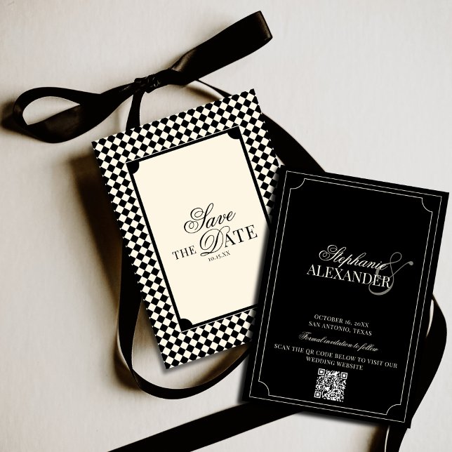 Save The Date Black & Ivory Checkered Old Money QR Code Wedding (Créateur téléchargé)