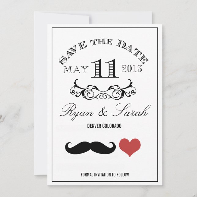 Save The Date Black Mustache JOUR de mariage 11 Enregistrer la d (Devant)