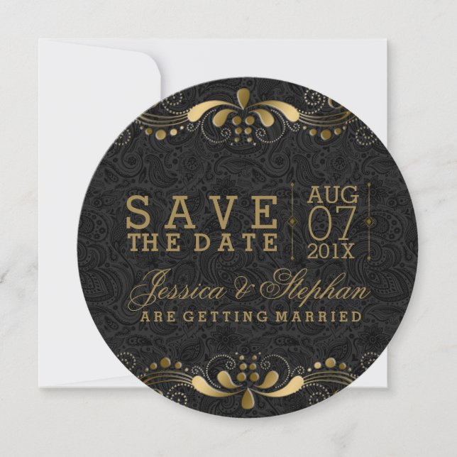 Save The Date Black Paisley Gold Floral Swirls Enregistrer La Da (Devant)