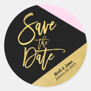 Save the Date Black Pink Gold Found Modernes Scrip Runder Aufkleber