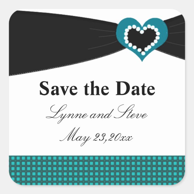 Save the Date Black Sash Aquamarin Bow Quadratischer Aufkleber (Vorderseite)