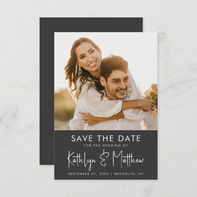 Save The Date Black & White Fun Script Mariage photo moderne (Devant / Derrière)