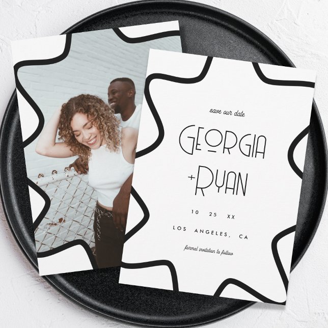 Save The Date Black & White Retro Bordure Wavy Frame Mariage d'h (Créateur téléchargé)