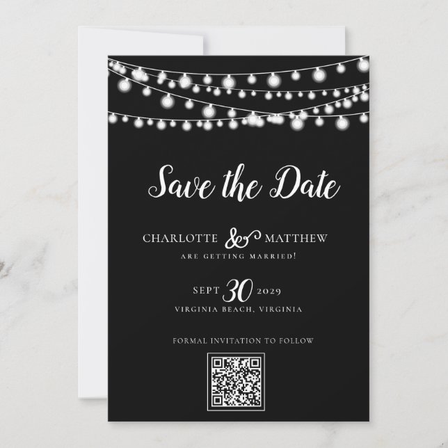 Save The Date Black White String Lights Script moderne Enregistr (Devant)