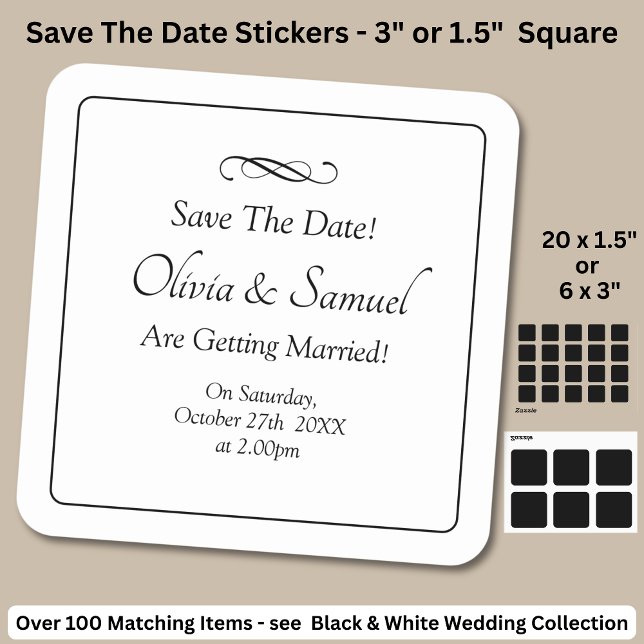 Save The Date - Black & White with Infinity Scroll Quadratischer Aufkleber (Von Creator hochgeladen)