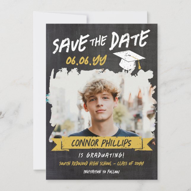 Save The Date Black Yellow Cool Chalk Photo Graduation (Devant)