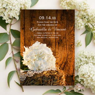 Save The Date Blanc Hydrangea Grange mariage en bois Enregistrer