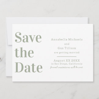 Save The Date Blanc Moderne et Grand Caractère Vert Sauge