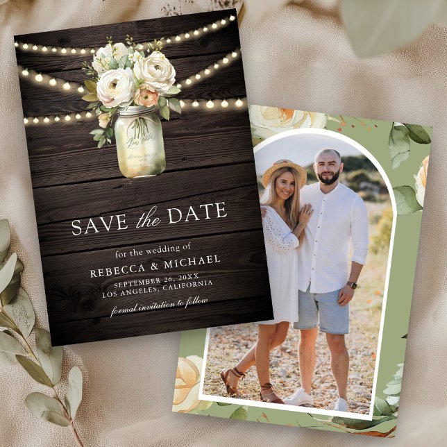 Save The Date Blanc Roses Mason Jar Photo Mariage bois (Créateur téléchargé)