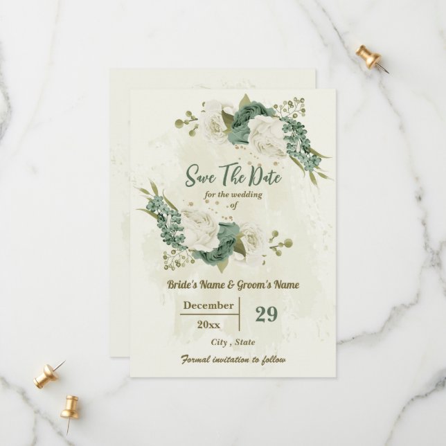 Save The Date blanc & sauge vert fleurs mariage botanique (Devant/Arrière en situation)