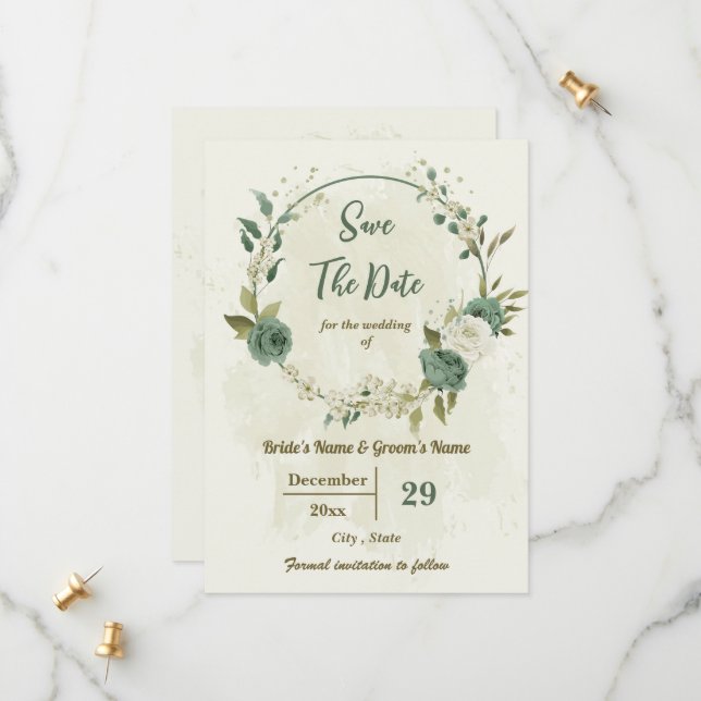Save The Date blanc & sauge vert fleurs mariage botanique (Devant/Arrière en situation)