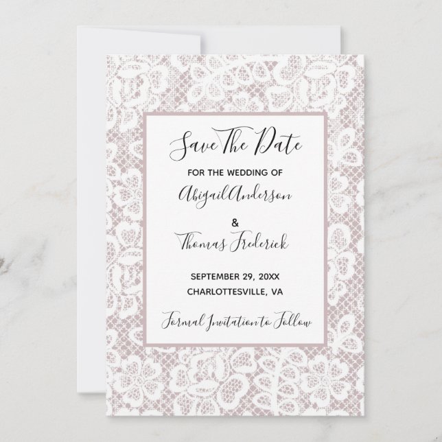 Save The Date Blanche dentelle Mauve Dusty Rose rose Enregistrer (Devant)