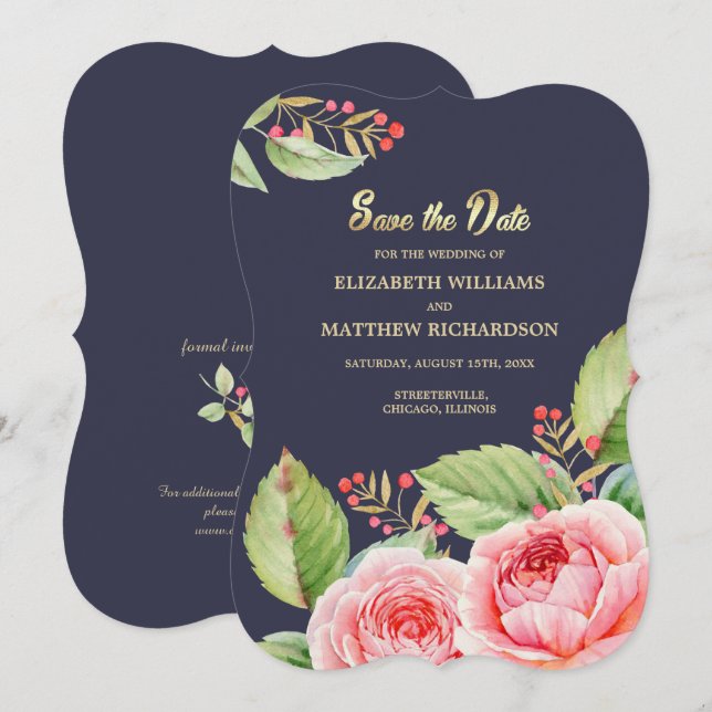 Save The Date. Bläserkarte für Navy Blue Watrecolo Save The Date (Vorne/Hinten)