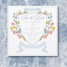 Save The Date Blason Élégant de Fleur Sauvage au Bleu Pâle Pouss