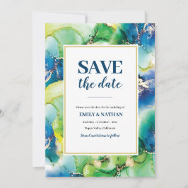 Save the Date blau, grün und goldfarben Einladung