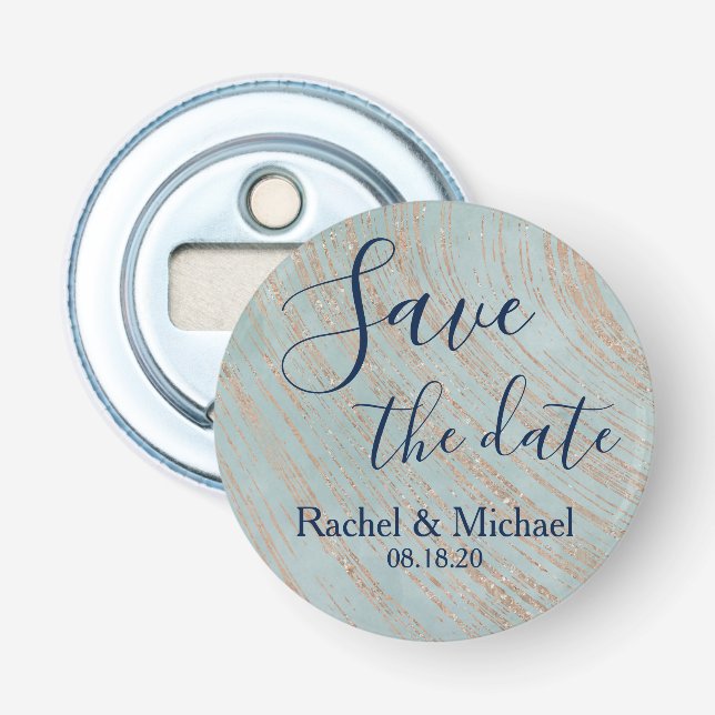 Save the Date Blau und Kupfer Flaschenöffner (Vorderseite)