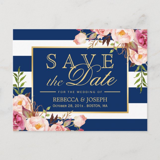 Save the Date - Blaue Streifen aus Gold Ankündigungspostkarte (Vorderseite)