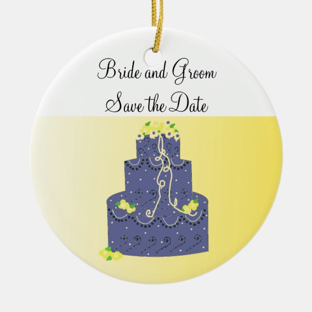 Save the Date Blaue und Gelbe Kuchen Keramikornament (Vorne)