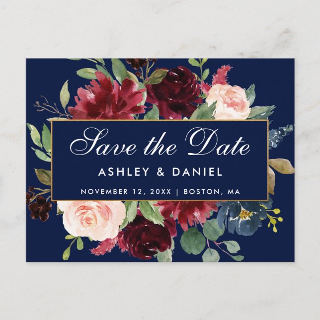 Save the Date blauer Goldmit blumenrahmen Ankündigungspostkarte (Vorderseite)
