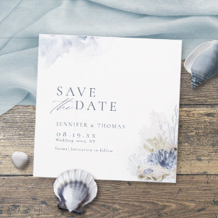 Save The Date Bleu aquarelle corail & coquillages plage mariage
