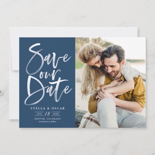 Save The Date Bleu aquarelle pinceau photo (Devant)