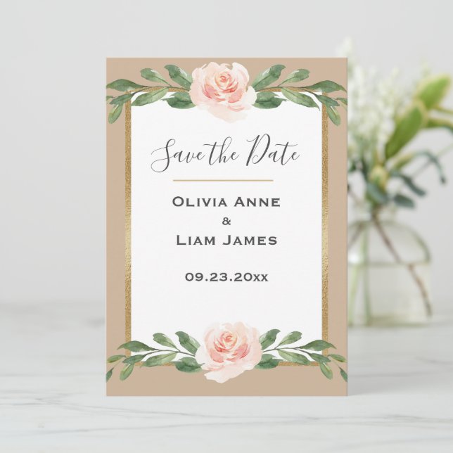 Save The Date Bleu Beige Floral Élégant Script Mariage or (Debout devant)