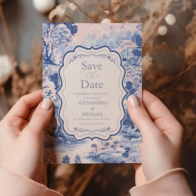 Save The Date Bleu Blanc Chinoiserie Floral Porcelaine Mariage (Créateur téléchargé)