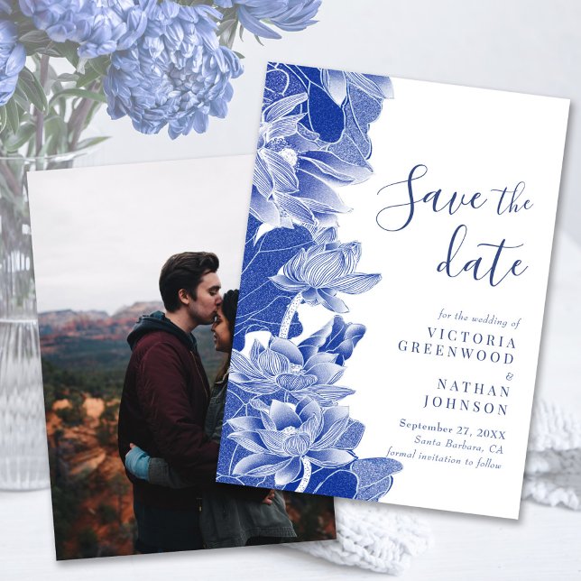 Save The Date Bleu Blanc Floral Chinoiserie Photo Enregistrer la (Créateur téléchargé)