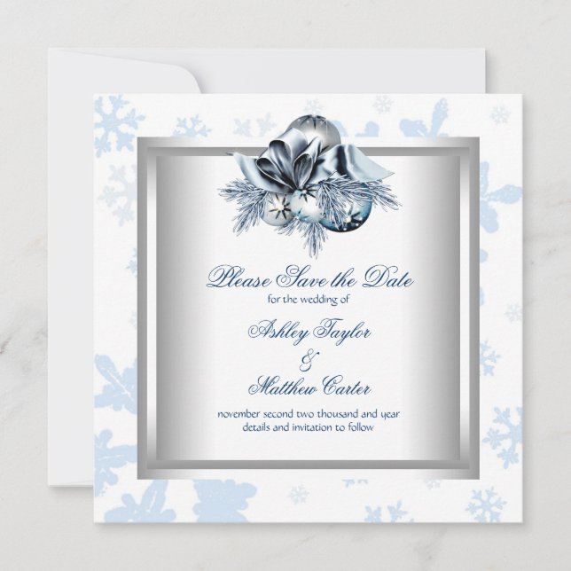 Save The Date Bleu blanc Snowflake Mariage d'hiver Enregistrer l (Devant)