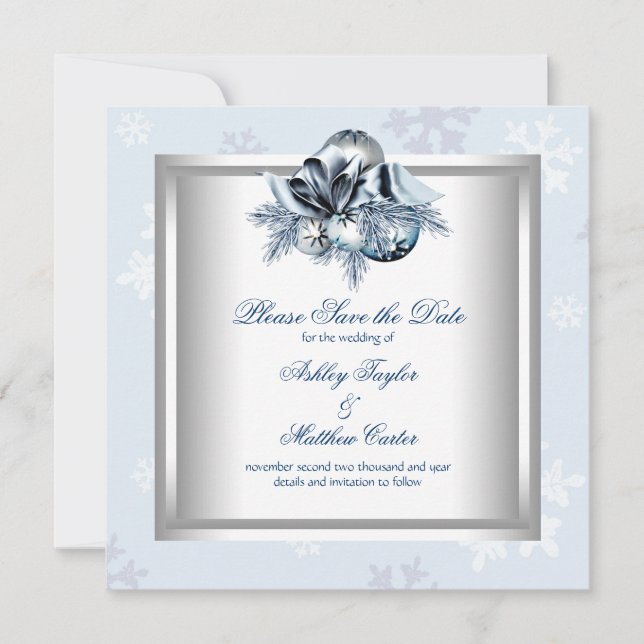 Save The Date Bleu blanc Snowflake Mariage d'hiver Enregistrer l (Devant)