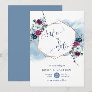 Save The Date Bleu, Bourgogne et Berry Floral, Mariage élégant