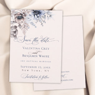 Save The Date Bleu Dusty beige floral élégant Enregistrer la dat