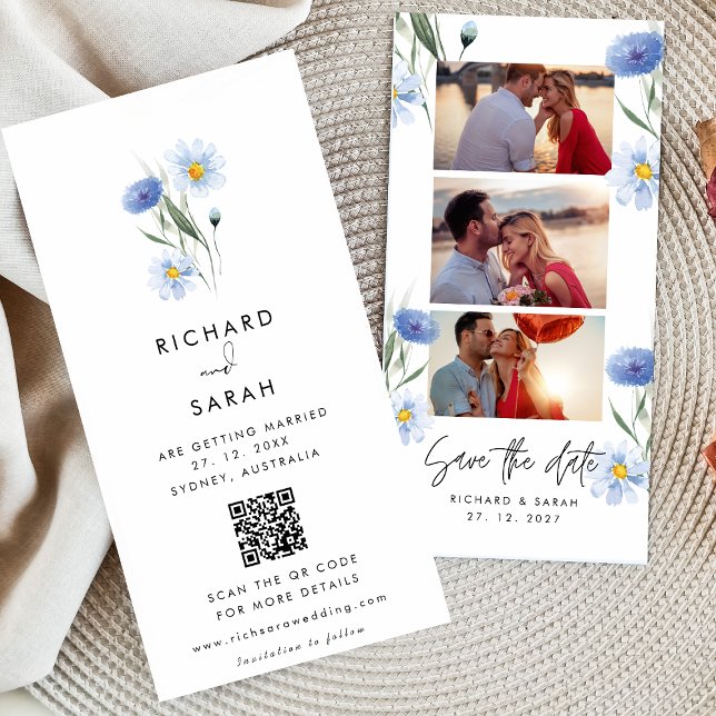 Save The Date Bleu Dusty Floral Elégante Bande photo (Créateur téléchargé)