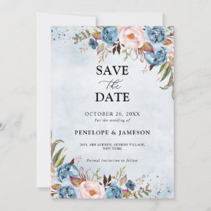 Save The Date Bleu Dusty Peach Blush Botanical Floral Mariage