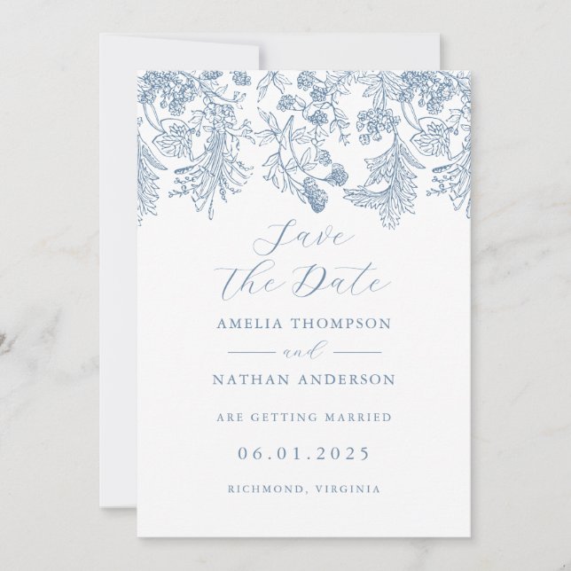 Save The Date Bleu Élégant Mariage Vintage Enregistrer La Date (Devant)