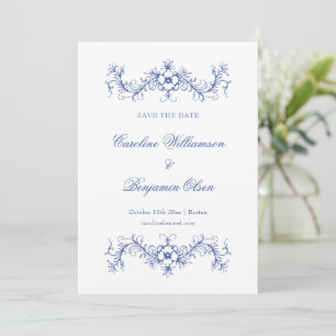 Save The Date Bleu et Blanc Mariage Floral Élégant Français