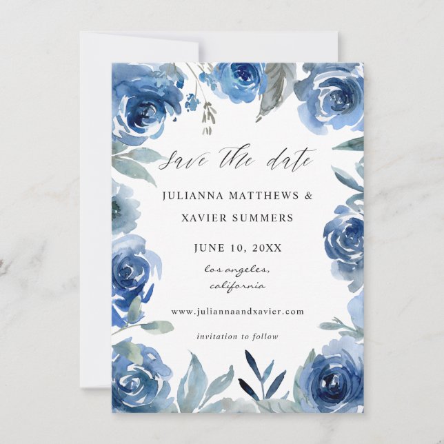 Save The Date Bleu et bleu floral (Devant)