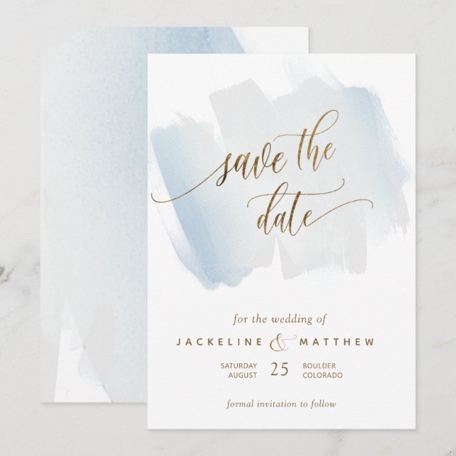 Save The Date Bleu et Gris Brush Strokes, Mariage minimal (Devant / Derrière)