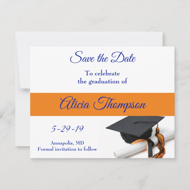 Save The Date Bleu et Orange Graduation Cap et Tassel (Devant)