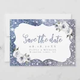 Save The Date Bleu étincelant argent parties scintillant floral 