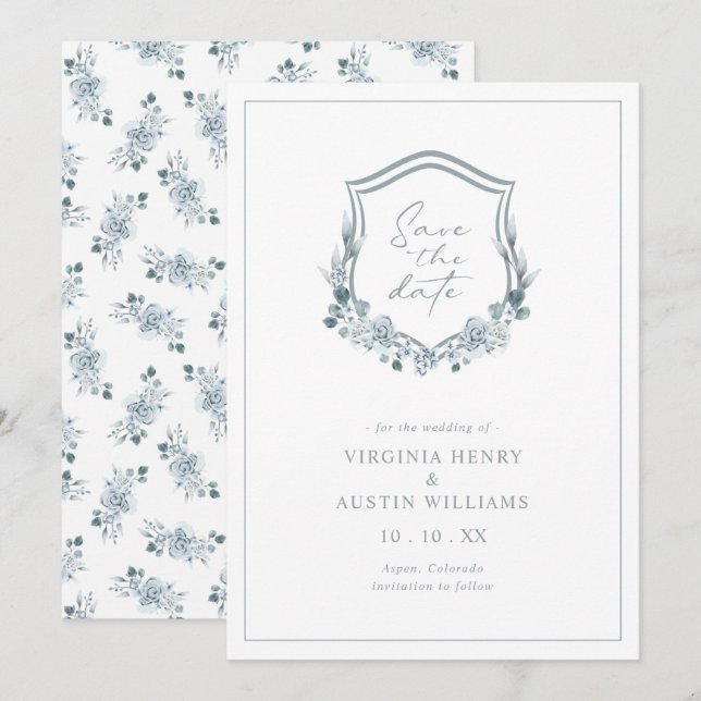 Save The Date Bleu Floral Romantique Sauvez La Date (Devant / Derrière)