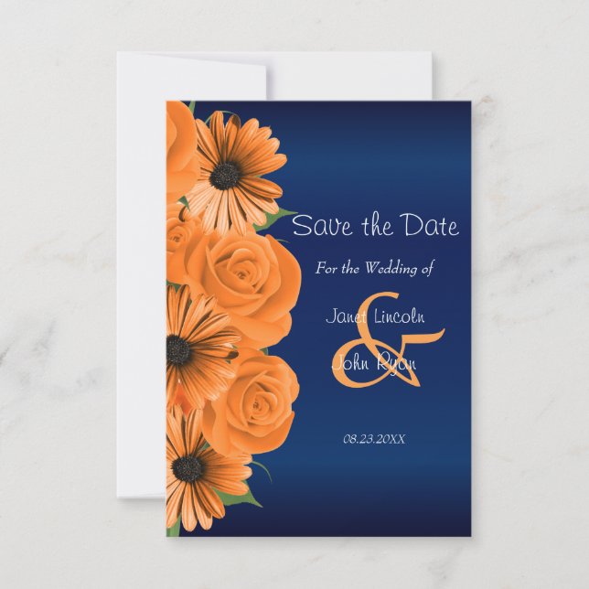 Save The Date Bleu Marine avec Roses orange - Enregistrer la dat (Devant)