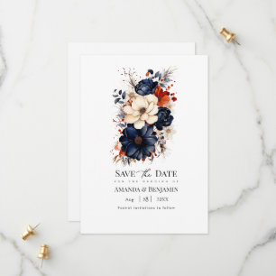 Save The Date Bleu marine, orange brûlé et Mariage de fleurs de 